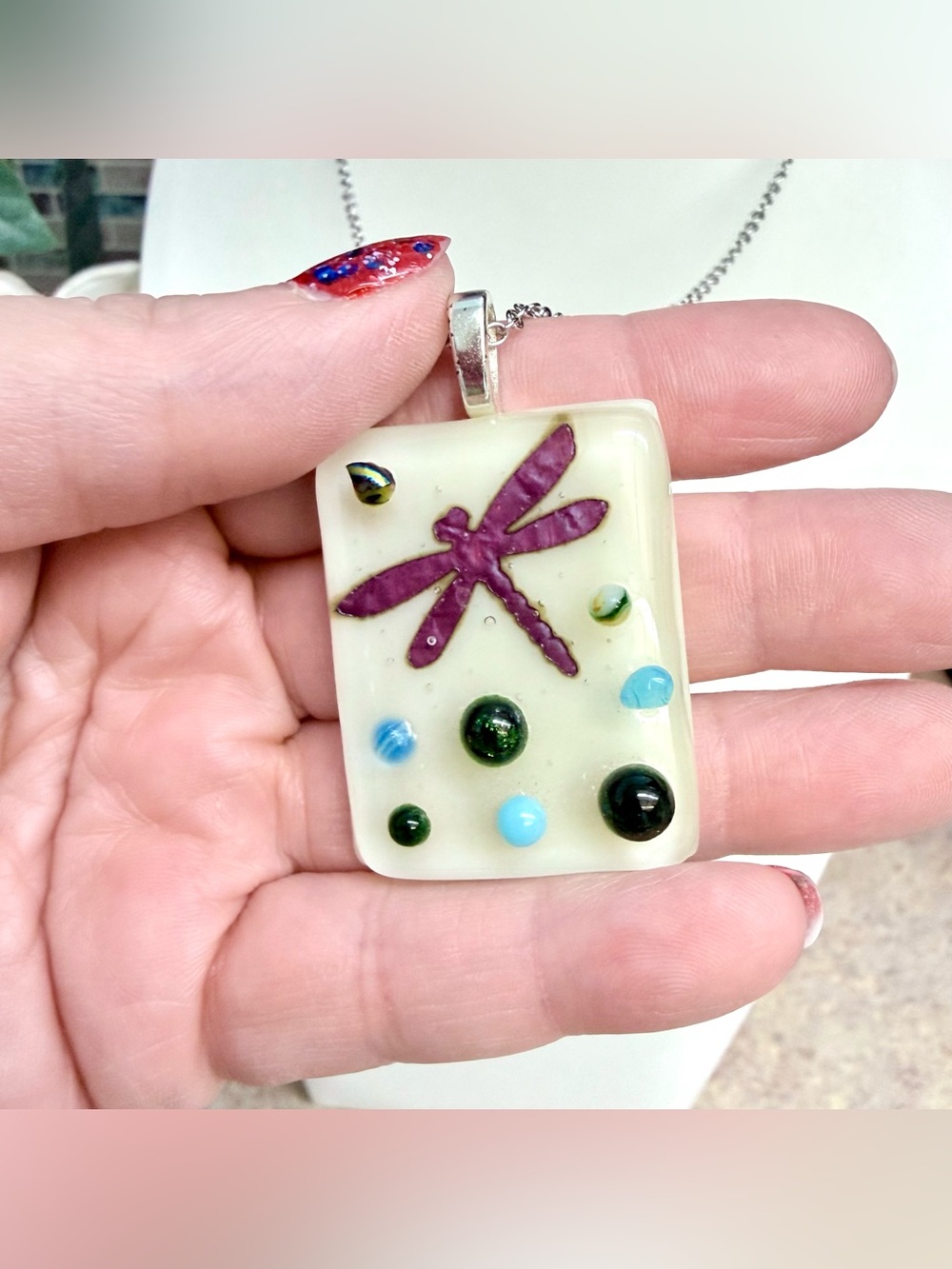 Handmade fused glass dragonfly pendant